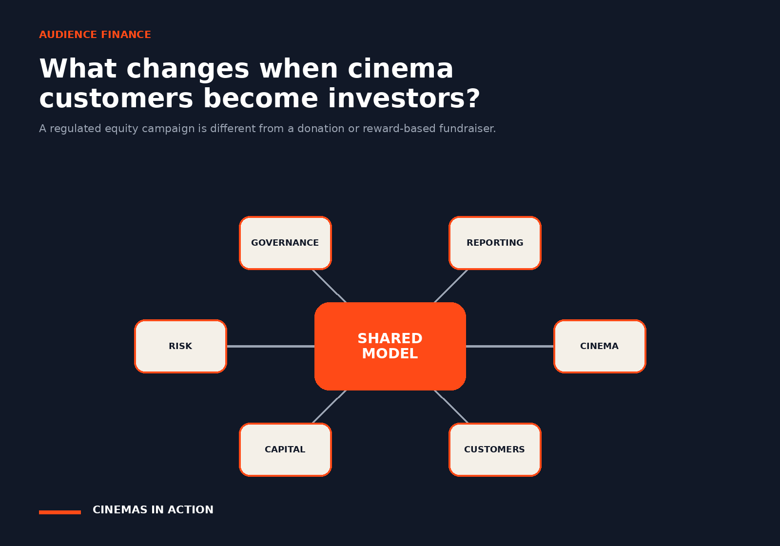 A network diagram connecting a cinema with customers, capital, risk, governance and reporting.