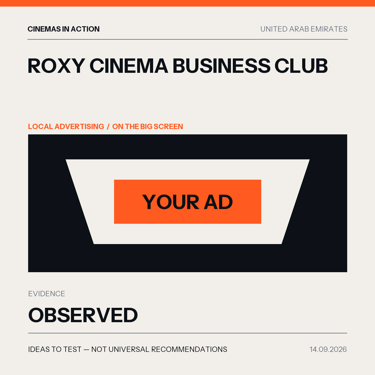 Cinemas in Action editorial graphic for Roxy Cinema Business Club in United Arab Emirates.