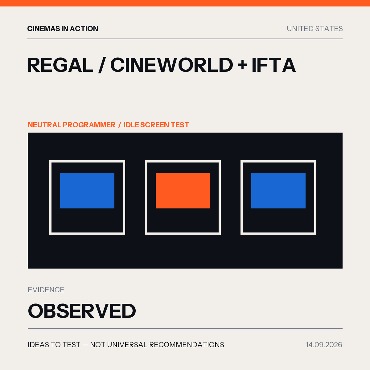 Cinemas in Action editorial graphic for IFTA, Regal/Cineworld and CNC neutral-programmer pilot in United States.