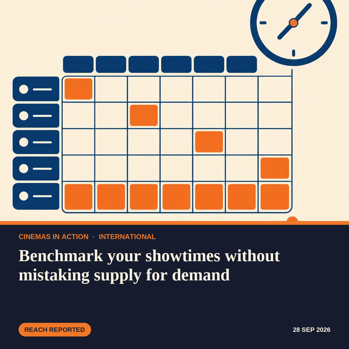 Illustration of a weekly showtime grid with a cluster of evening slots and a caution sign reading supply not demand.