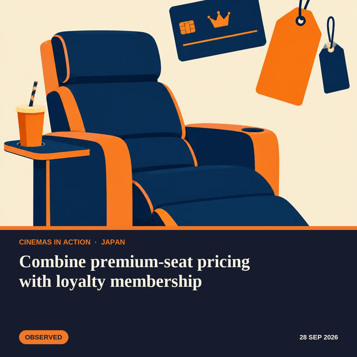 Illustration of a reclining premium cinema seat with a drink, a member card and two price tags.