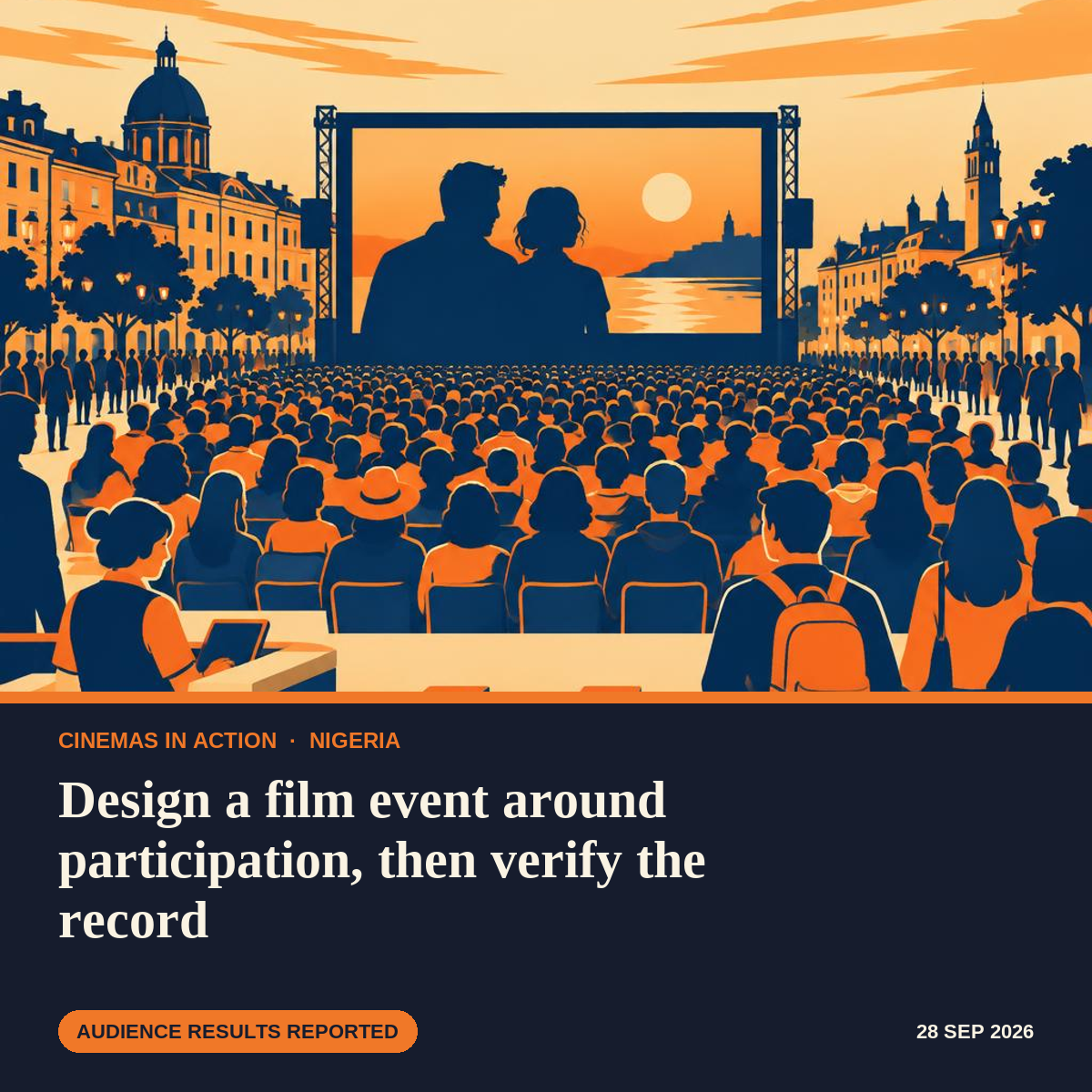 Illustration of a large outdoor screening in a city square at dusk, with a crowd facing the screen and entry turnstiles in the foreground.