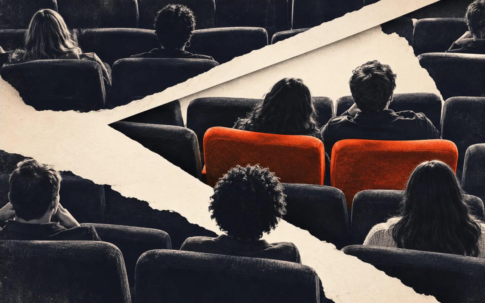 Conceptual collage: audience members seen from behind in dark cinema seats, split by torn cream paper, with two seats picked out in orange to suggest individual audience choices. An illustration, not a documentary photograph.