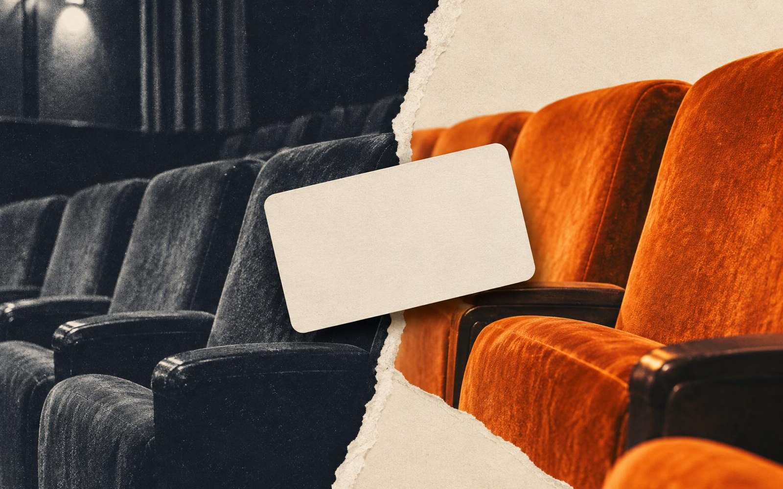 Conceptual collage: a blank cream membership card resting across a torn-paper seam between dark navy cinema seats and the same row continuing in orange, suggesting membership carrying through a change of ownership. No branding shown.