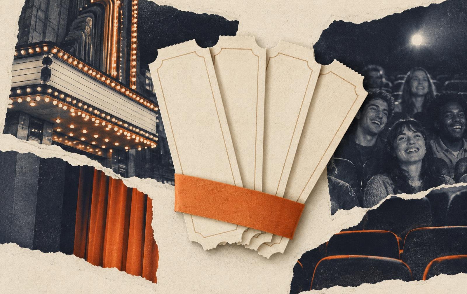 Conceptual collage: four blank cream tickets fanned out and held by an orange band, between fragments of a lit cinema marquee and friends in cinema seats, suggesting a flexible four-ticket bundle for a group or different films. No branding shown.