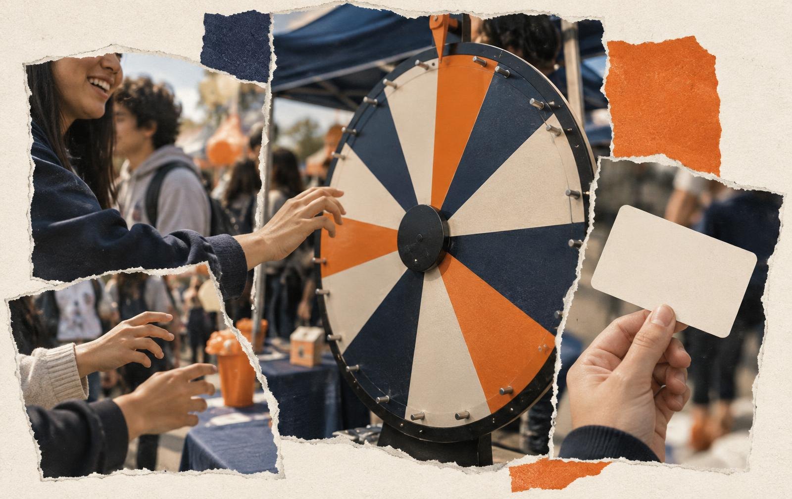 Conceptual collage: students reaching to spin a navy, cream and orange prize wheel at a fair stall, beside a hand holding a blank membership card, suggesting free-membership sign-ups. An illustration, not a photograph of the venue's stall.