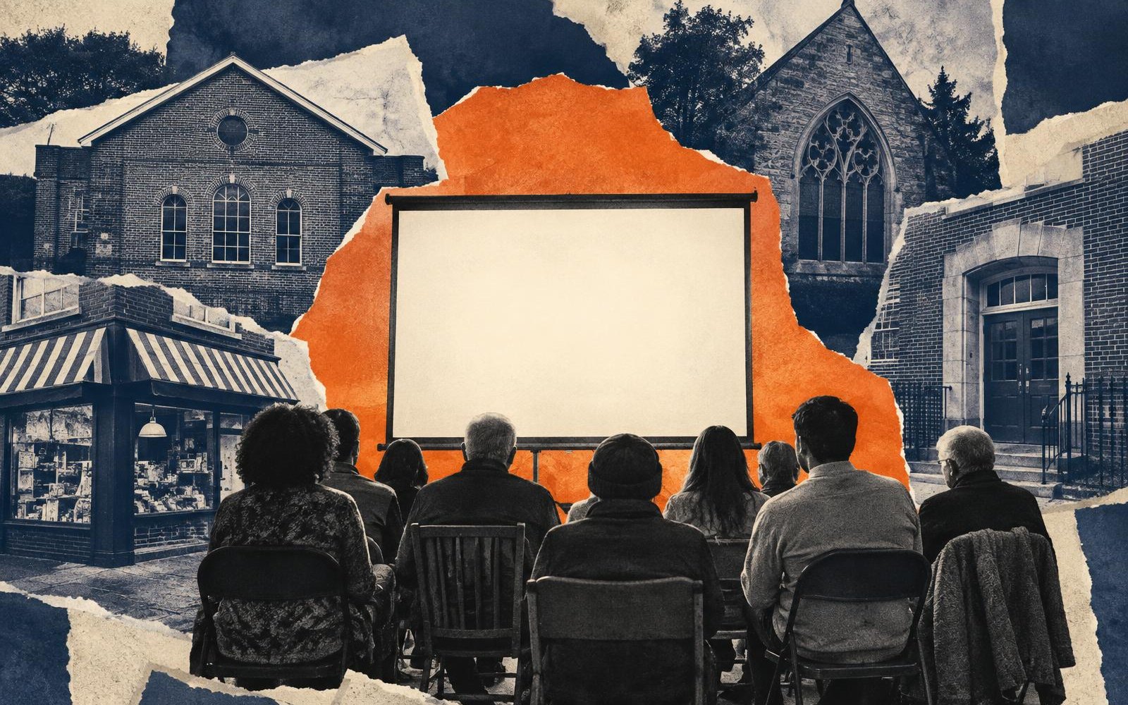 Conceptual collage: an audience on folding chairs facing a blank projection screen against an orange torn-paper shape, surrounded by fragments of a hall, shopfront, church and school, suggesting cinema reaching community spaces. An illustration, not a photograph of a screening.