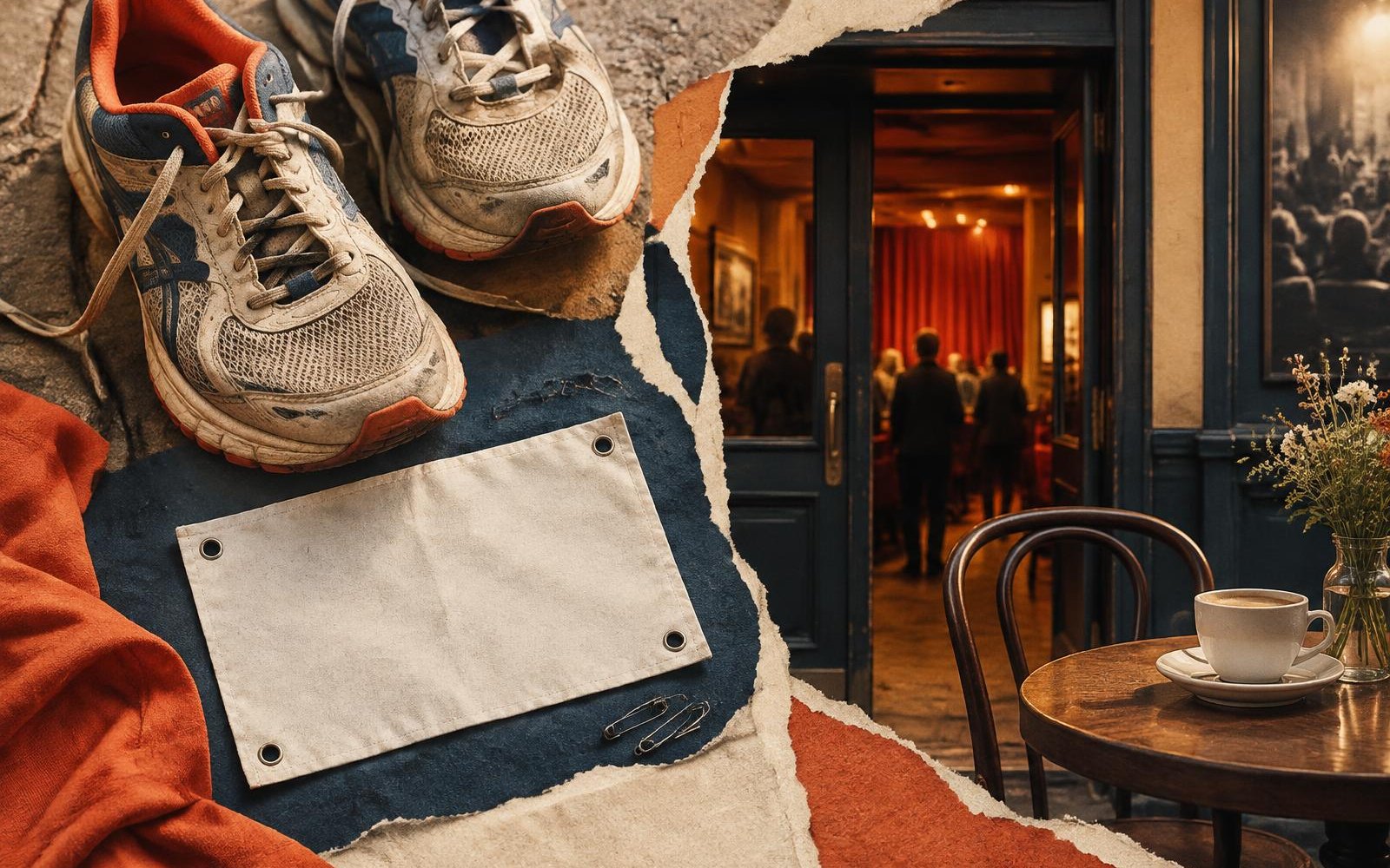 Conceptual editorial collage of running shoes and a blank race bib beside a cinema doorway and café table.