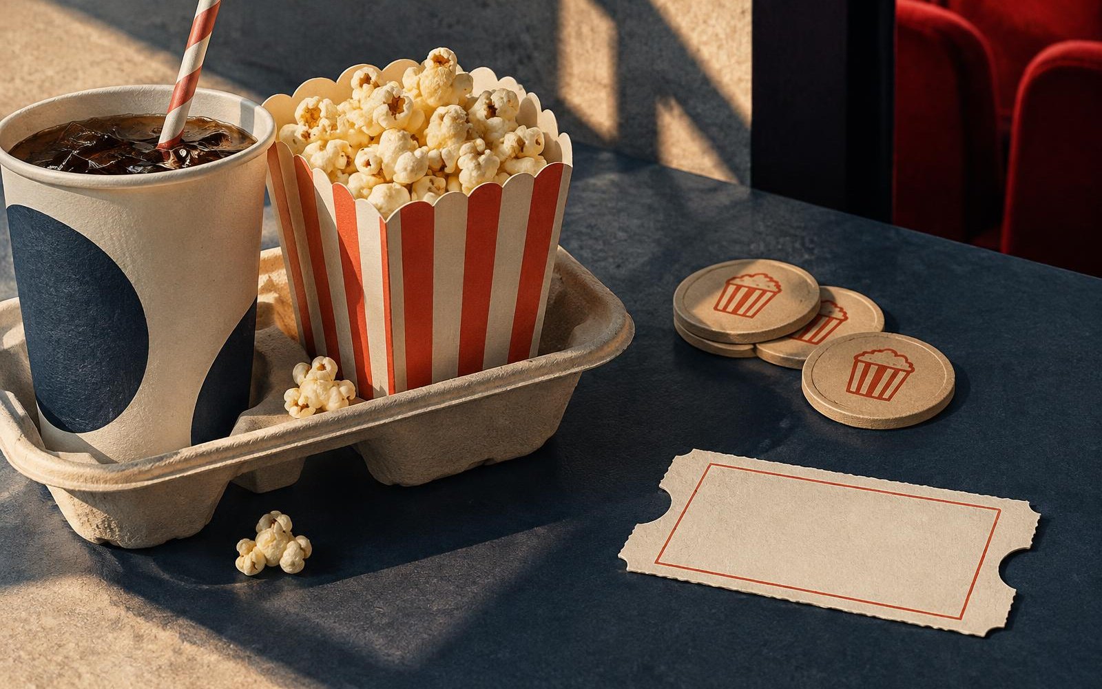 Conceptual editorial collage of a concession tray and paper reward tokens beside a physically separate blank cinema ticket.