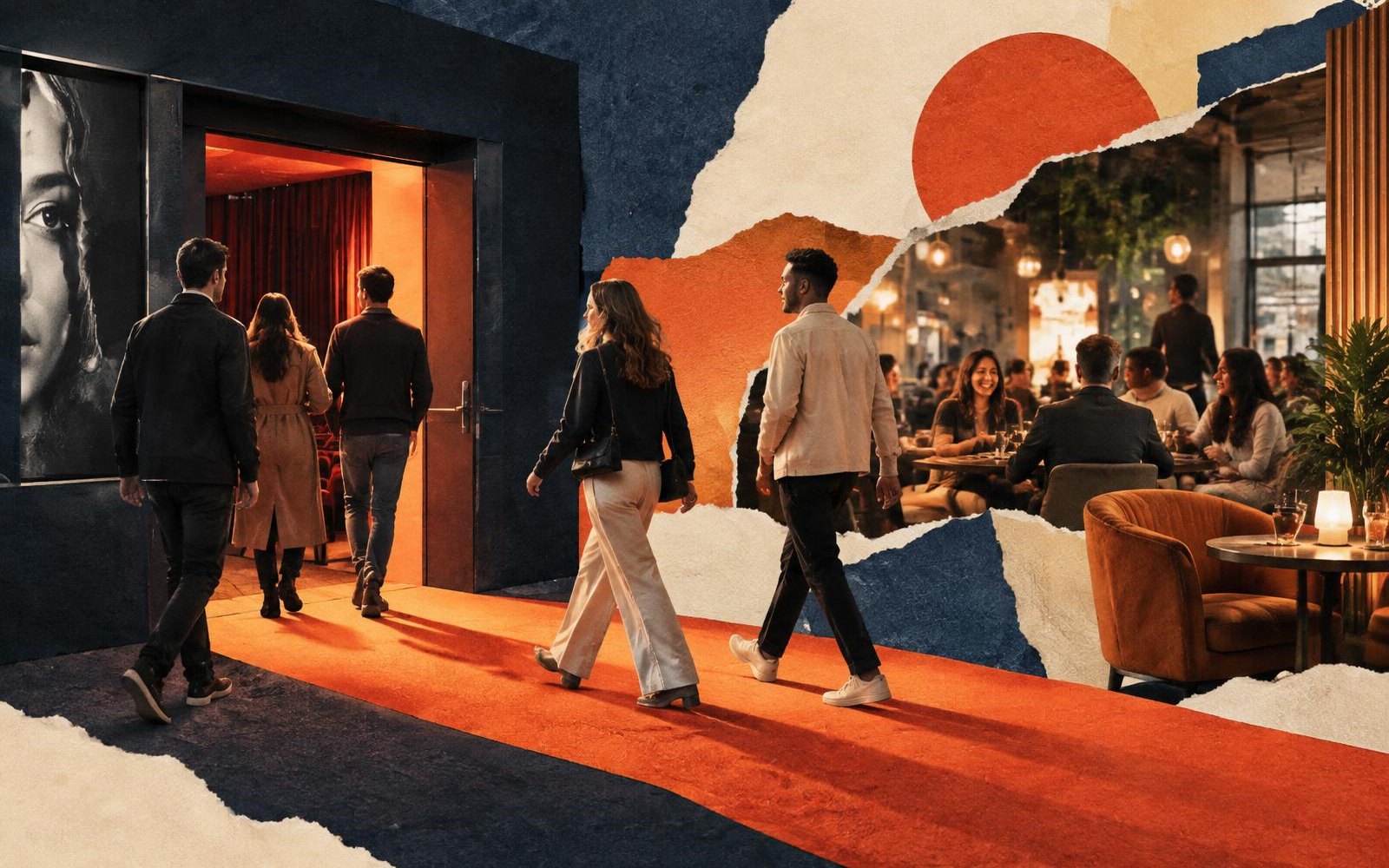 Conceptual editorial collage of people walking through a cinema doorway into a shared dining and leisure destination, joined by orange light.
