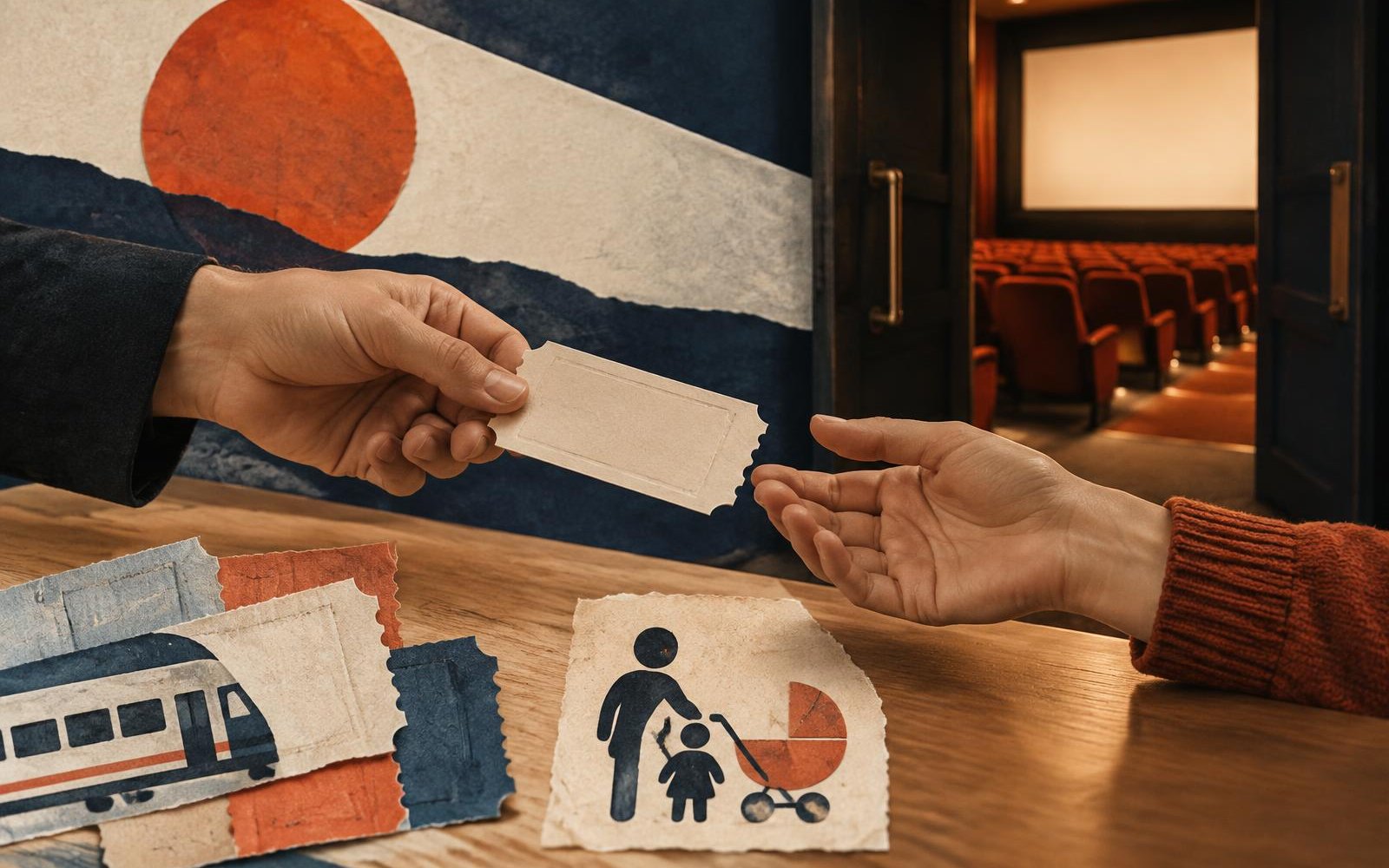 Conceptual editorial collage of a blank ticket passed across a table beside transit and childcare paper fragments leading to a cinema doorway.