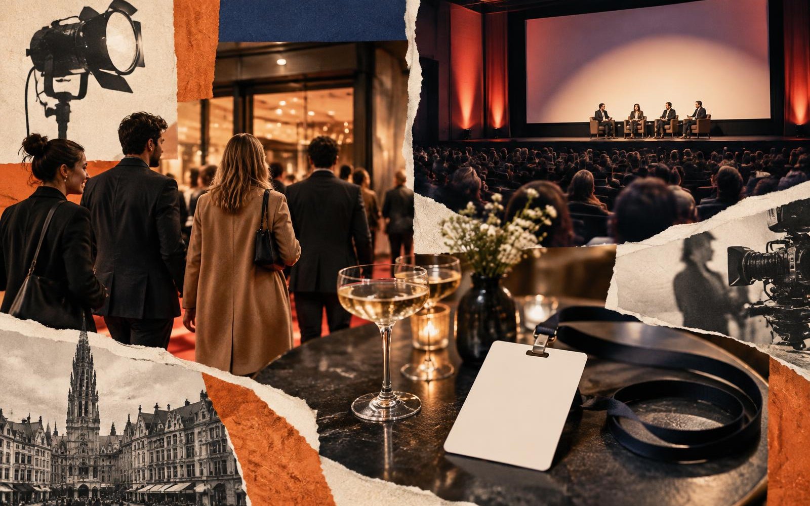 Conceptual editorial collage of reception glasses and a blank event lanyard opening onto an auditorium demonstration stage.