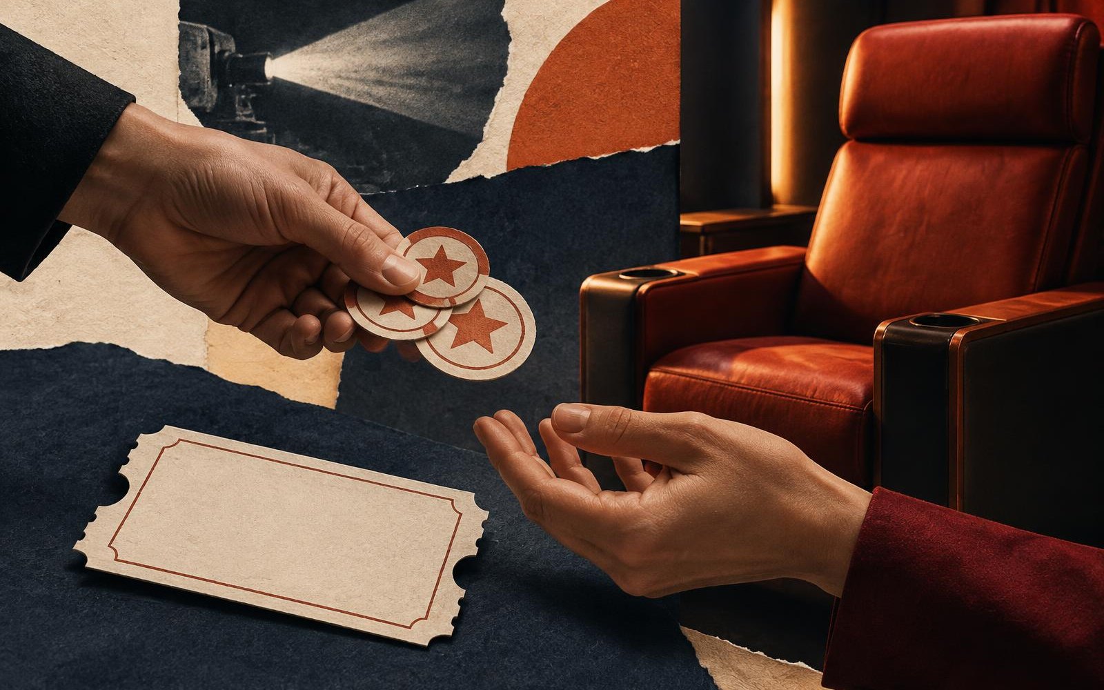 Conceptual editorial collage of paper reward tokens being exchanged beside an unbranded premium cinema seat and blank ticket.