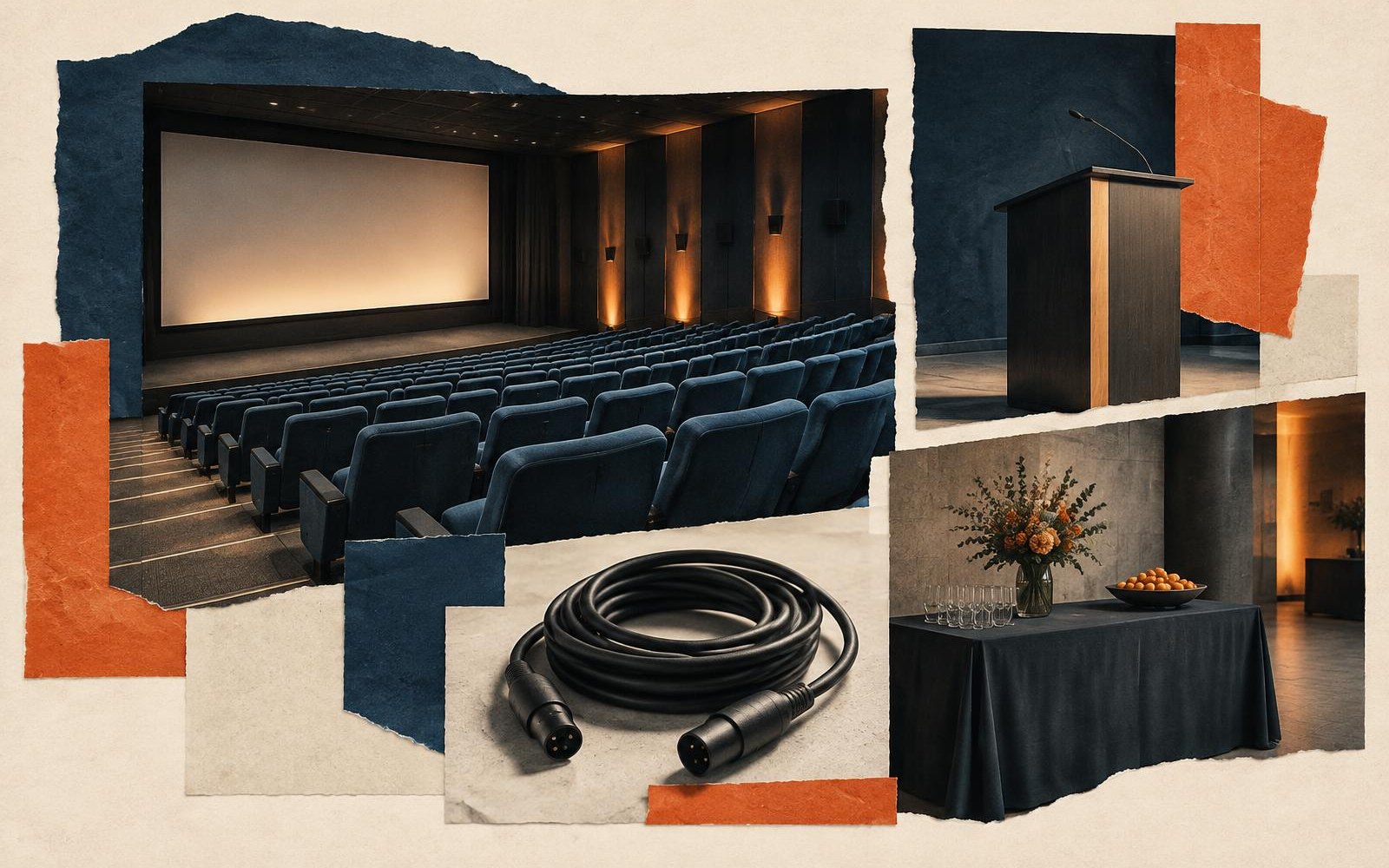 Conceptual editorial collage of an auditorium, lectern, technical cable and reception table arranged as a corporate cinema-hire product.