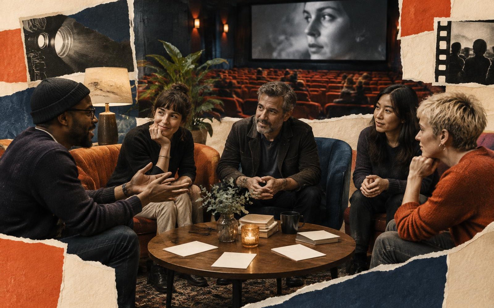 Conceptual editorial collage of a small group discussing films around blank programme cards in a cinema lounge.