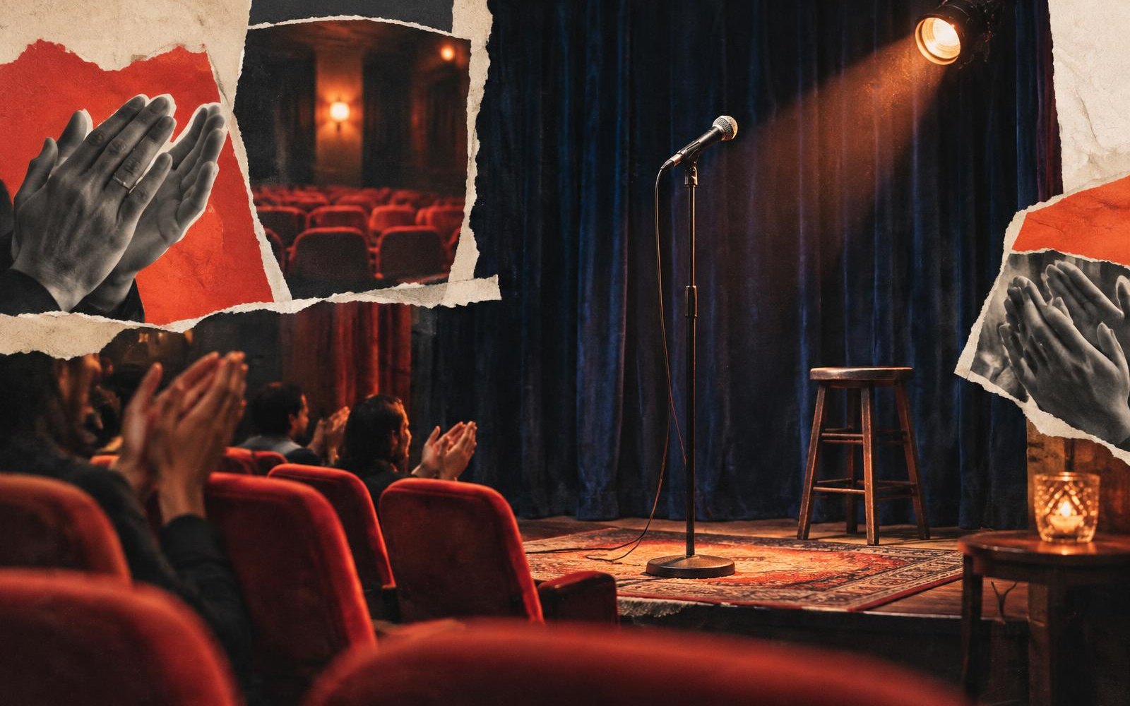 Conceptual editorial collage of a microphone on a small stage before cinema seats, framed by clapping hands.