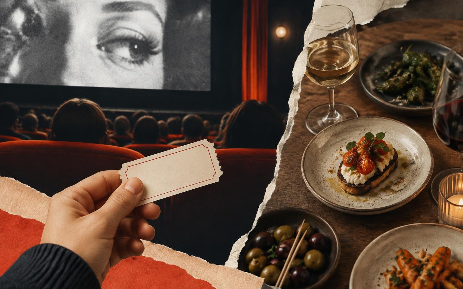 Conceptual editorial collage of a cinema audience, a blank ticket held by hand and a tasting plate on a shared table.