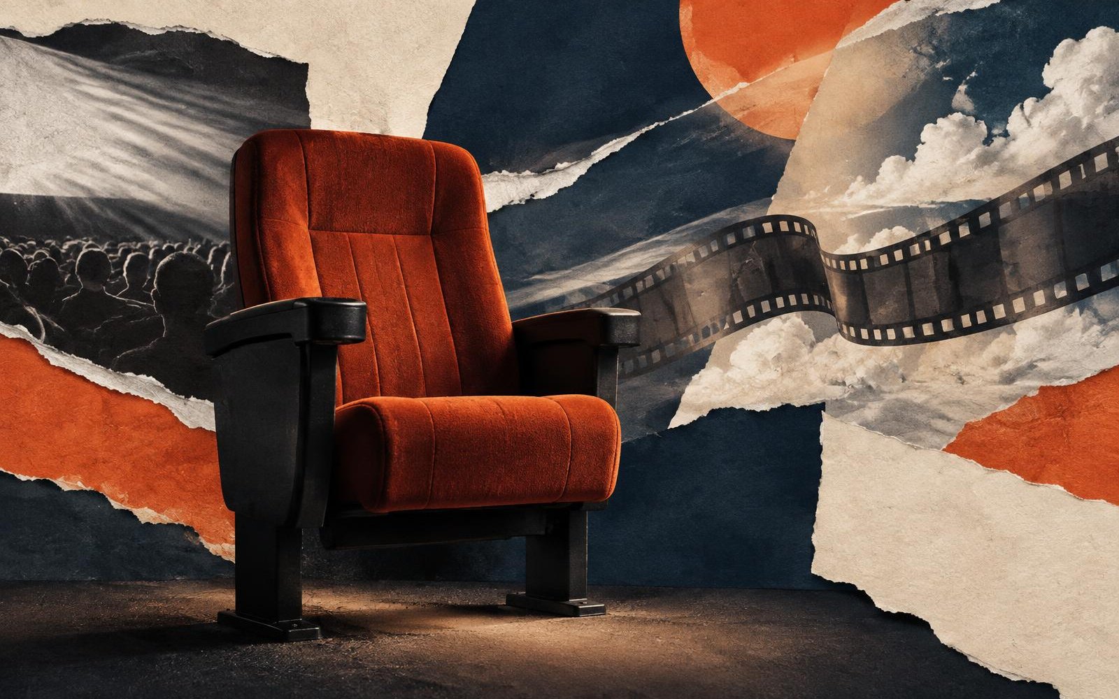 Conceptual editorial collage of one cinema seat surrounded by paper fragments suggesting air, light, vibration and movement.
