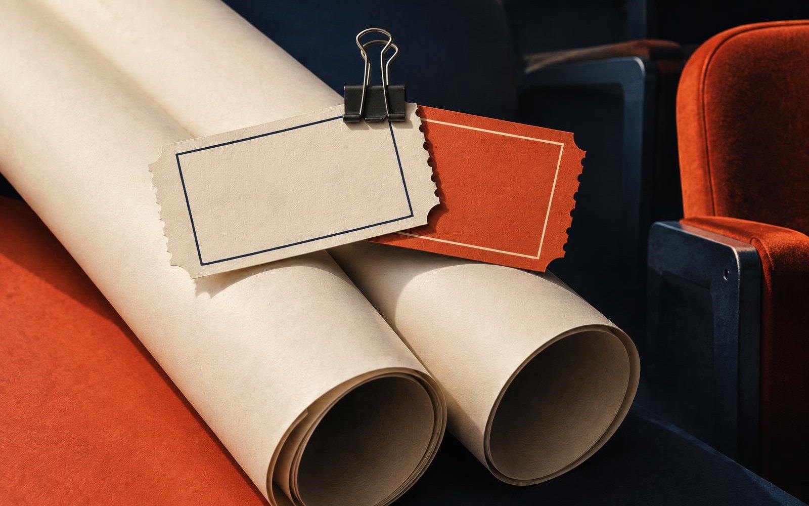 Conceptual editorial collage of two blank cinema tickets clipped above two rolled unprinted poster sheets.