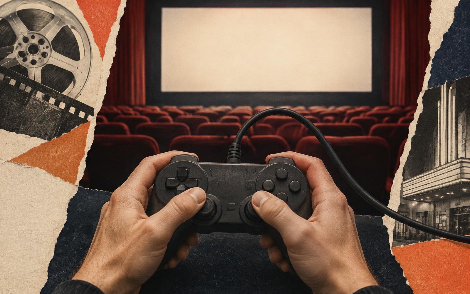 Conceptual editorial collage of hands holding an unbranded controller, a cable and cinema seats facing a blank screen.