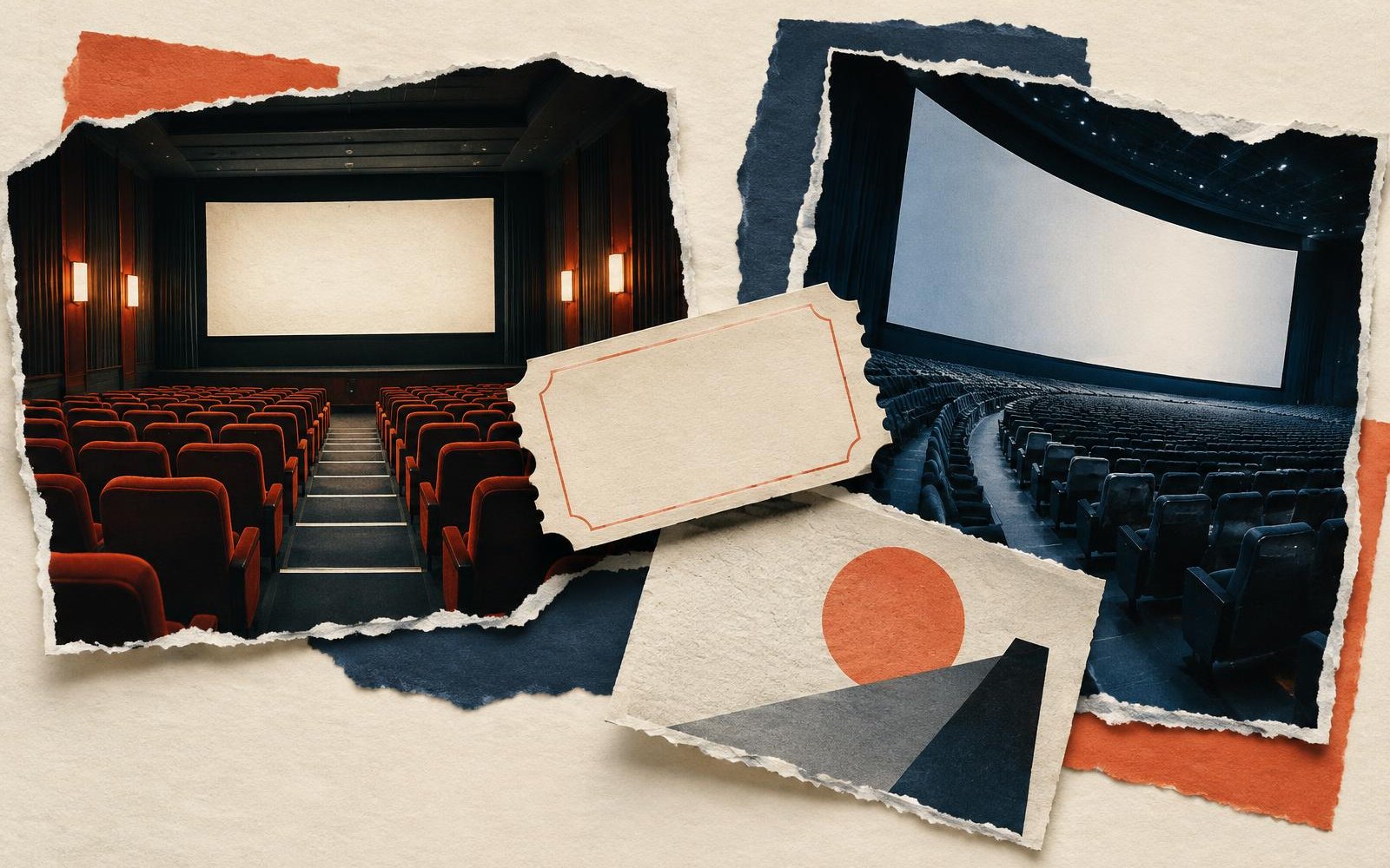 Conceptual editorial collage of two different cinema environments connected by one blank ticket and a creative-response card.