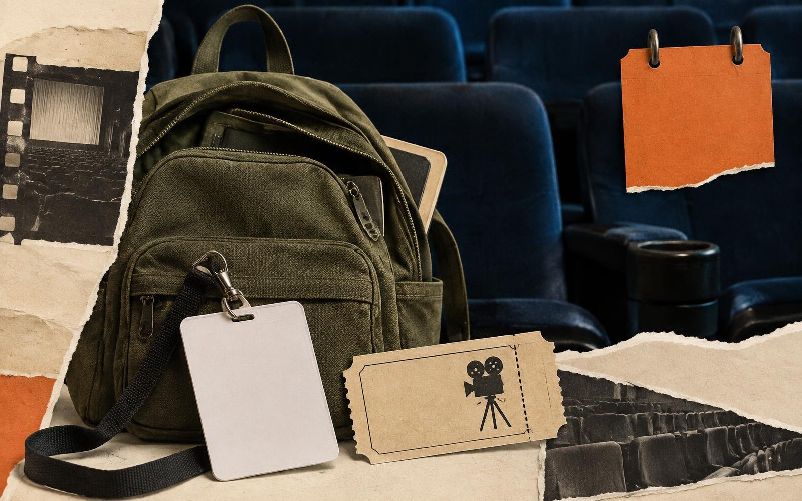 Conceptual editorial collage of a student backpack, blank ID card and cinema ticket in front of cinema seats.