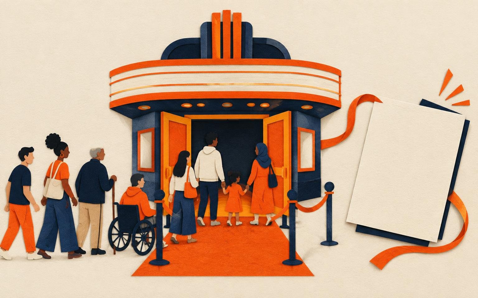 Editorial collage of a cinema entrance with community members walking in, connected by a ribbon to a blank invitation card.