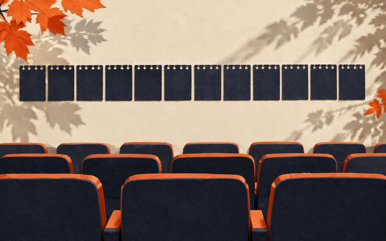 Editorial collage of cinema seats beneath a row of dark blank calendar tiles with autumn leaf shadows, suggesting a daily repertory season.