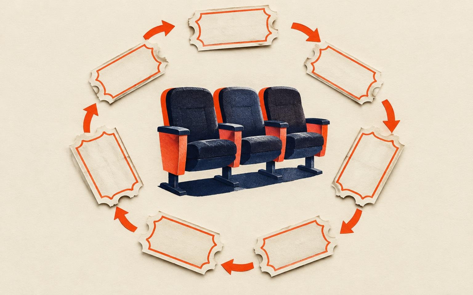 Editorial collage of blank ticket shapes arranged in a circle around a row of cinema seats, suggesting recurring support.