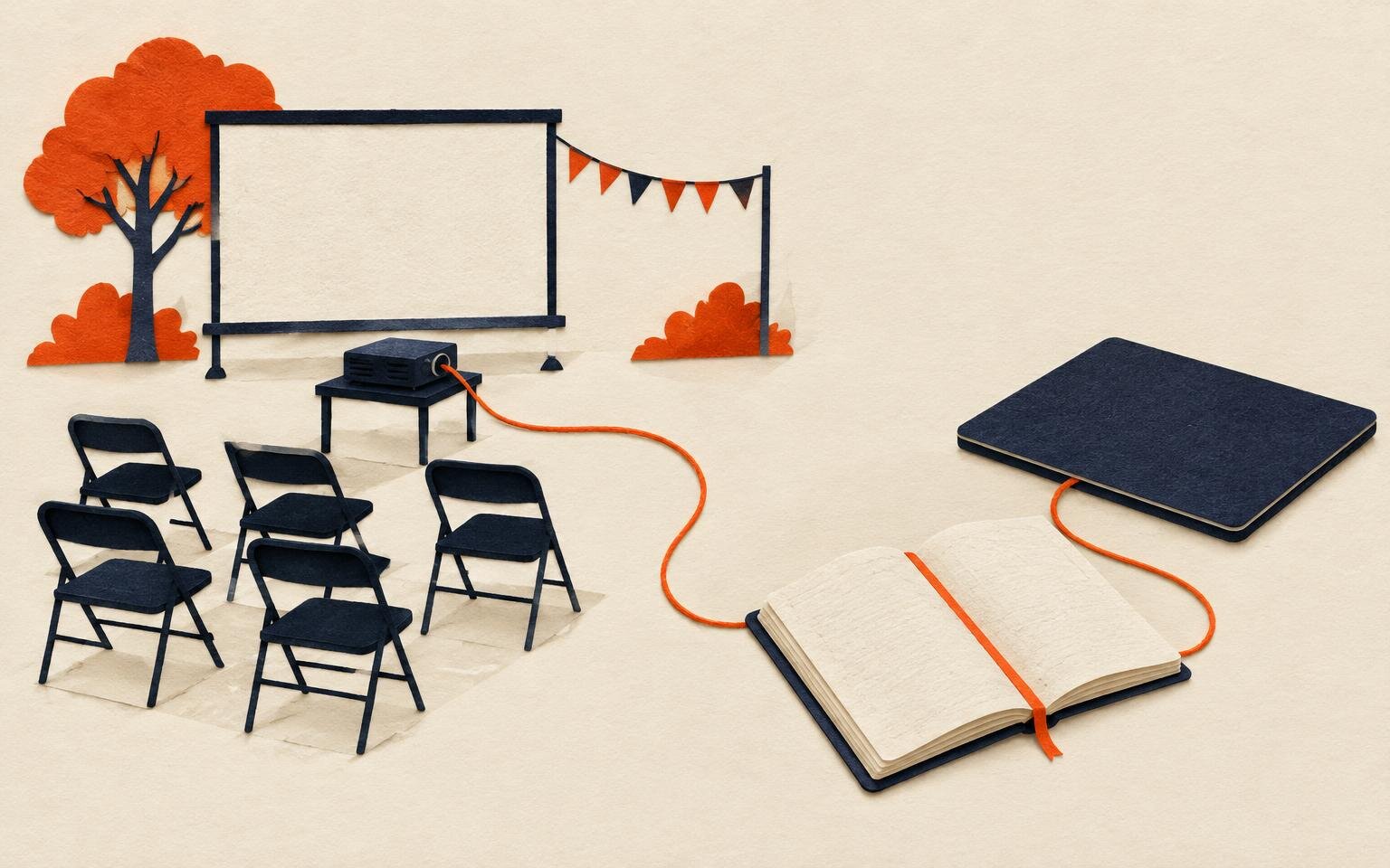 Editorial collage of a small community screening setup with folding chairs, linked by a thread to an open notebook and a closed laptop.