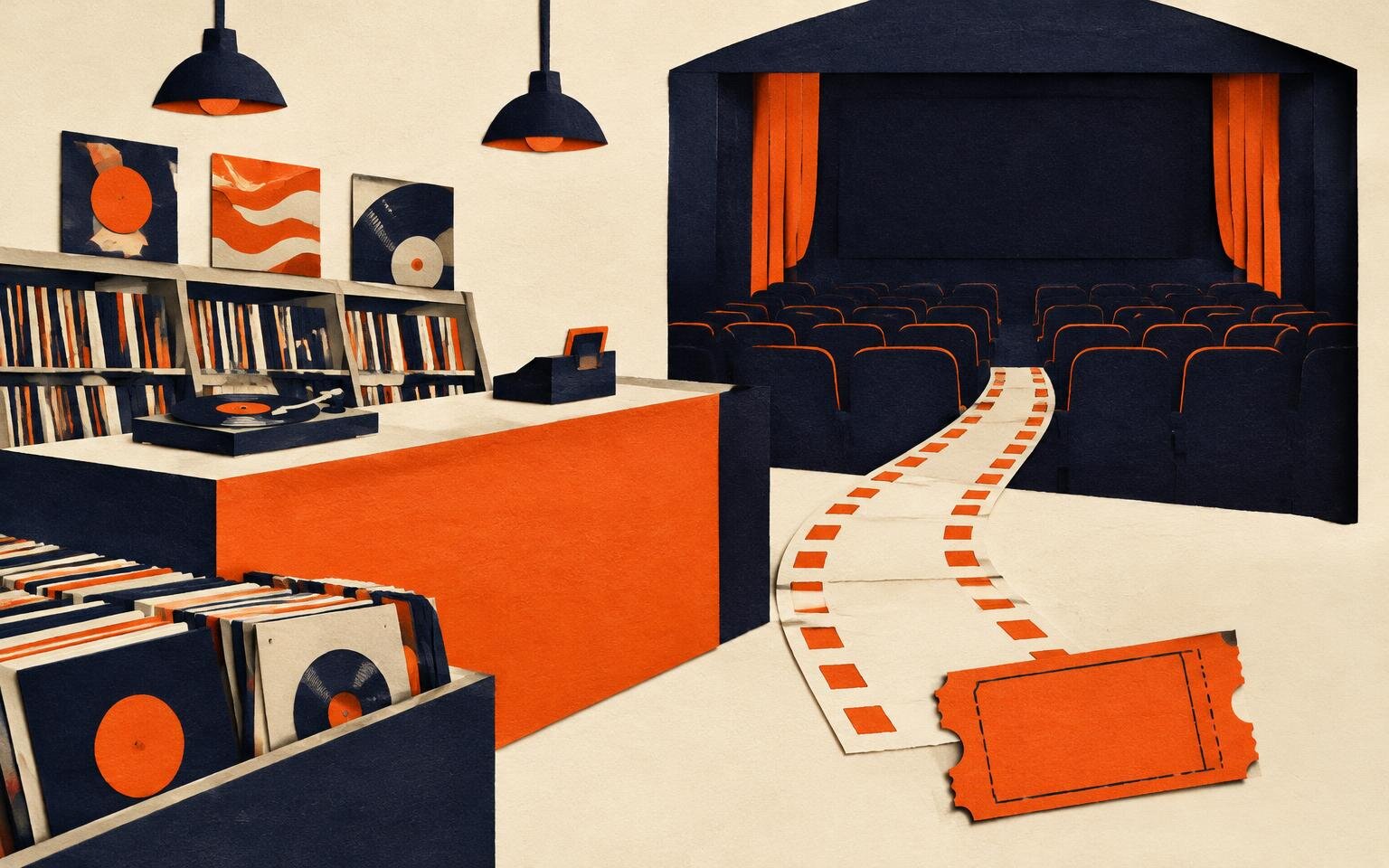 Editorial collage of a record-shop counter linked by a paper pathway to a cinema ticket, with a closed auditorium in the background.