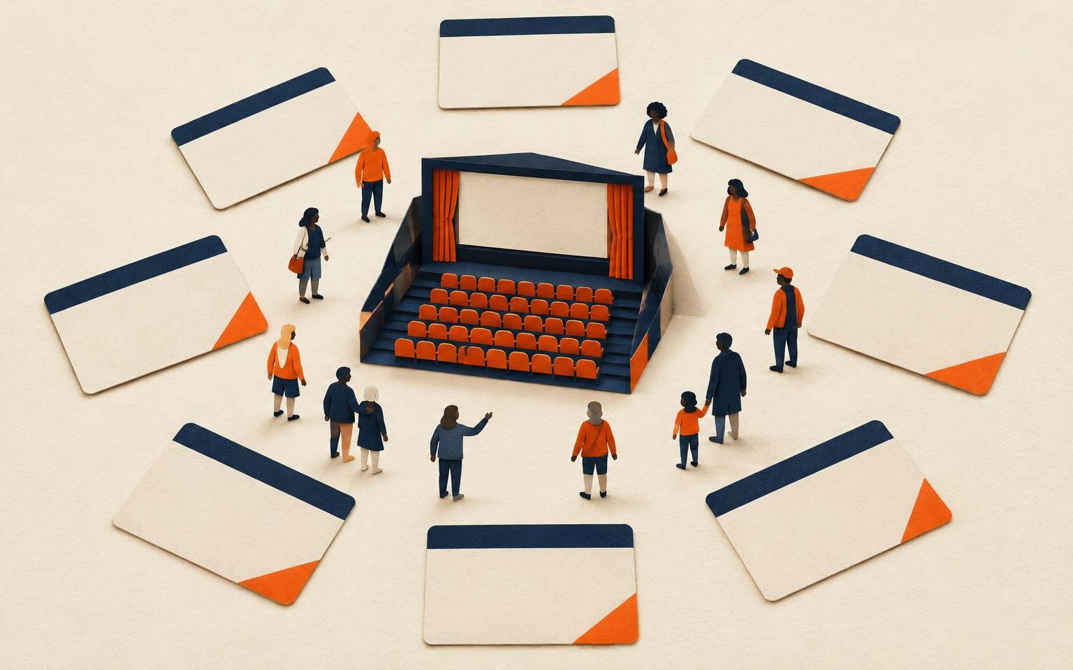 Editorial collage of blank membership cards in a ring around a small model auditorium, with small paper figures gathered around it.