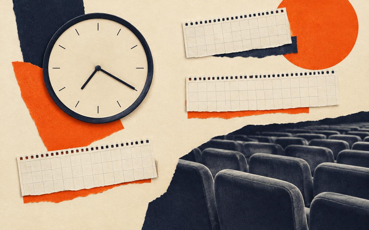 Editorial collage of a blank clock, rows of cinema seats and paper calendar strips set at different heights, suggesting morning screenings matched to differing holiday dates.