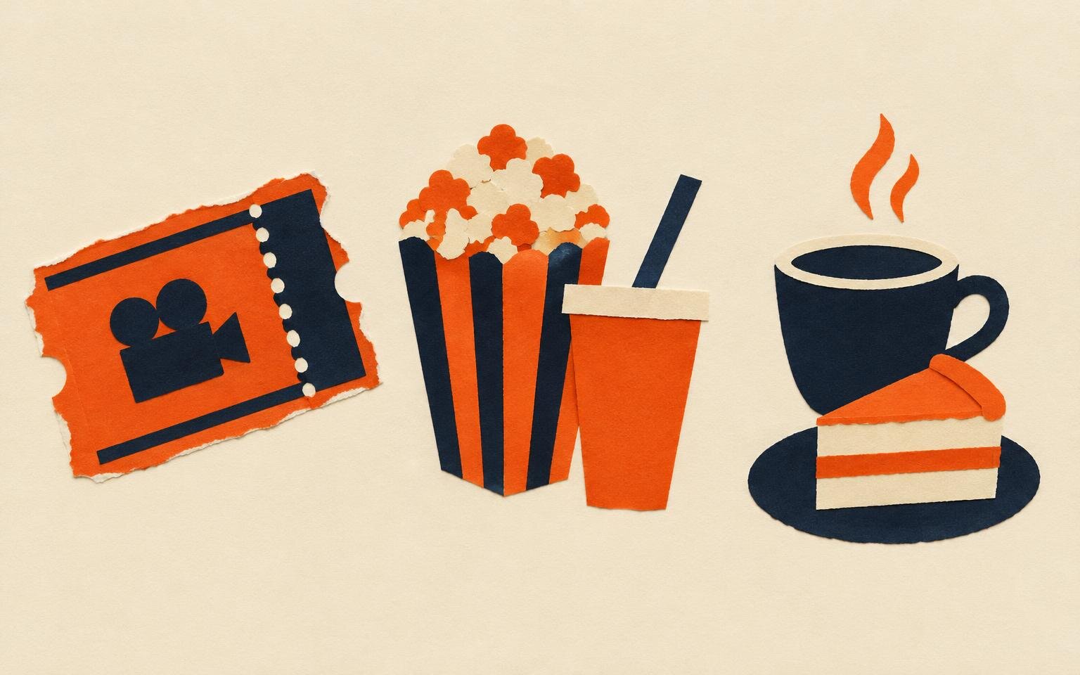 Editorial collage of a cinema ticket fragment beside two arrangements: popcorn with a cold drink, and a coffee cup with a slice of cake.