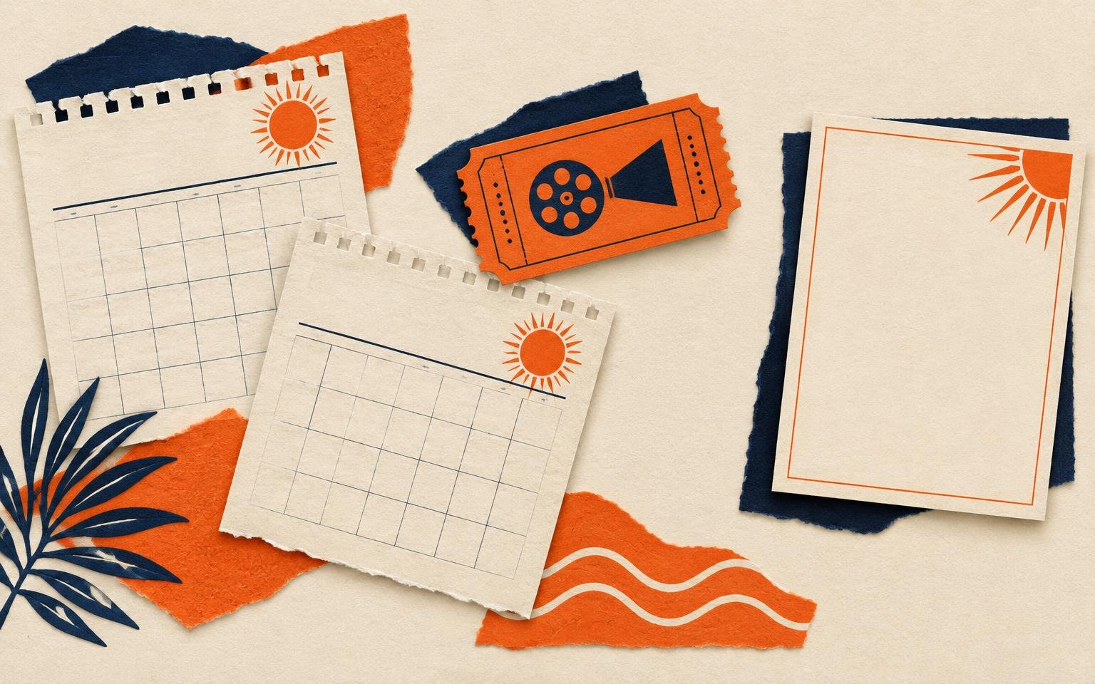 Editorial collage of summer calendar pages with sun motifs, a cinema ticket and a later blank invitation card.