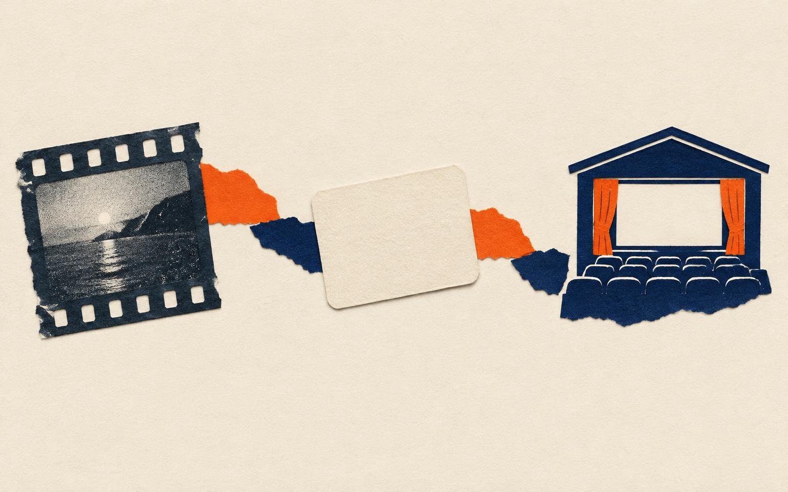 Editorial collage of a film frame, a blank card and a small cinema outline linked by torn paper, suggesting a route from discovery to a screening.
