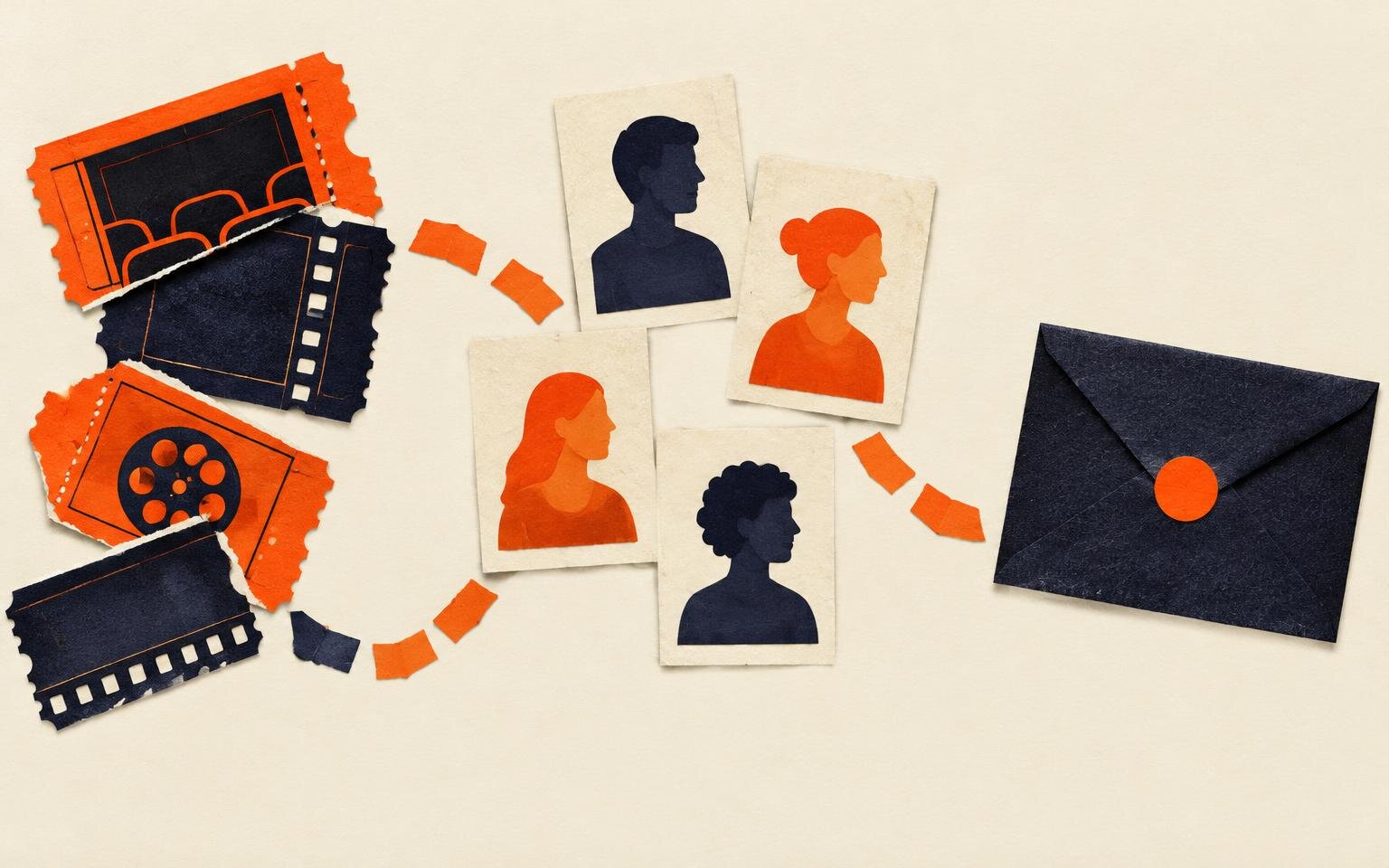 Editorial collage of ticket fragments and silhouette audience-profile cards leading along a paper trail to a sealed envelope.