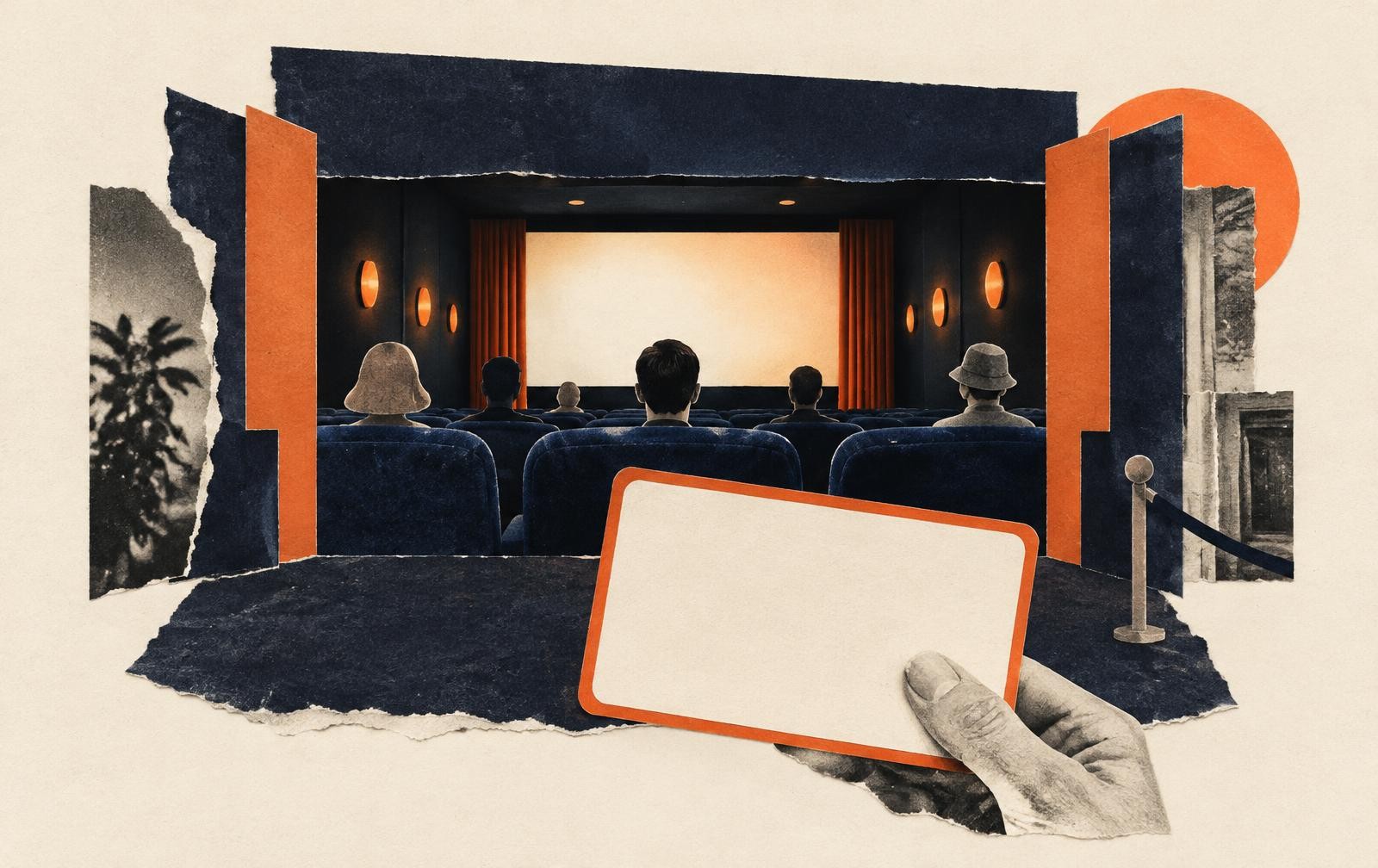 Conceptual collage of an intimate auditorium framed by a larger cinema entrance and a blank membership card; not a photograph of SFS Somerset.