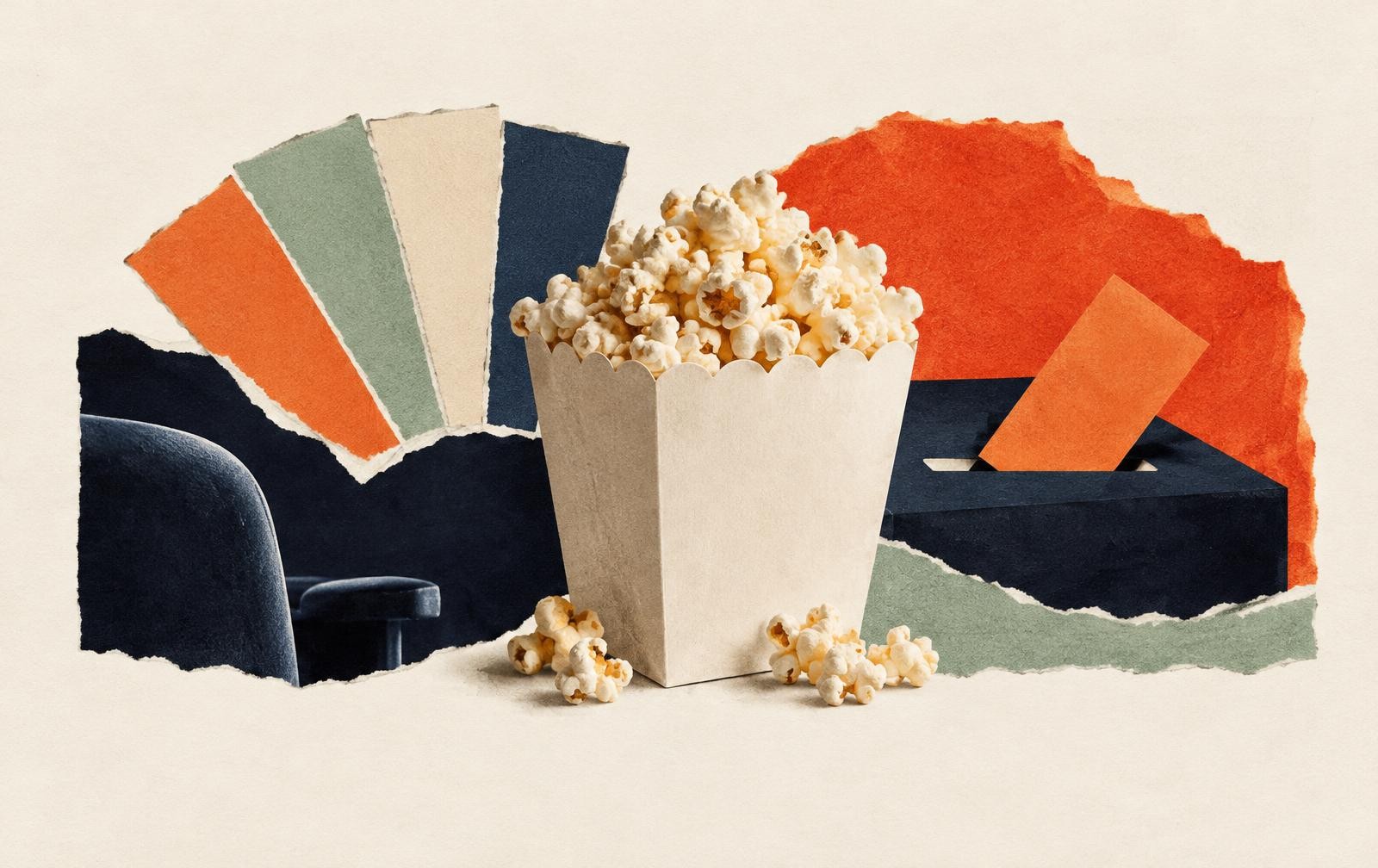 Conceptual paper collage of popcorn, four blank flavour swatches, a cinema seat and a ballot entering a box; not TOHO campaign artwork.
