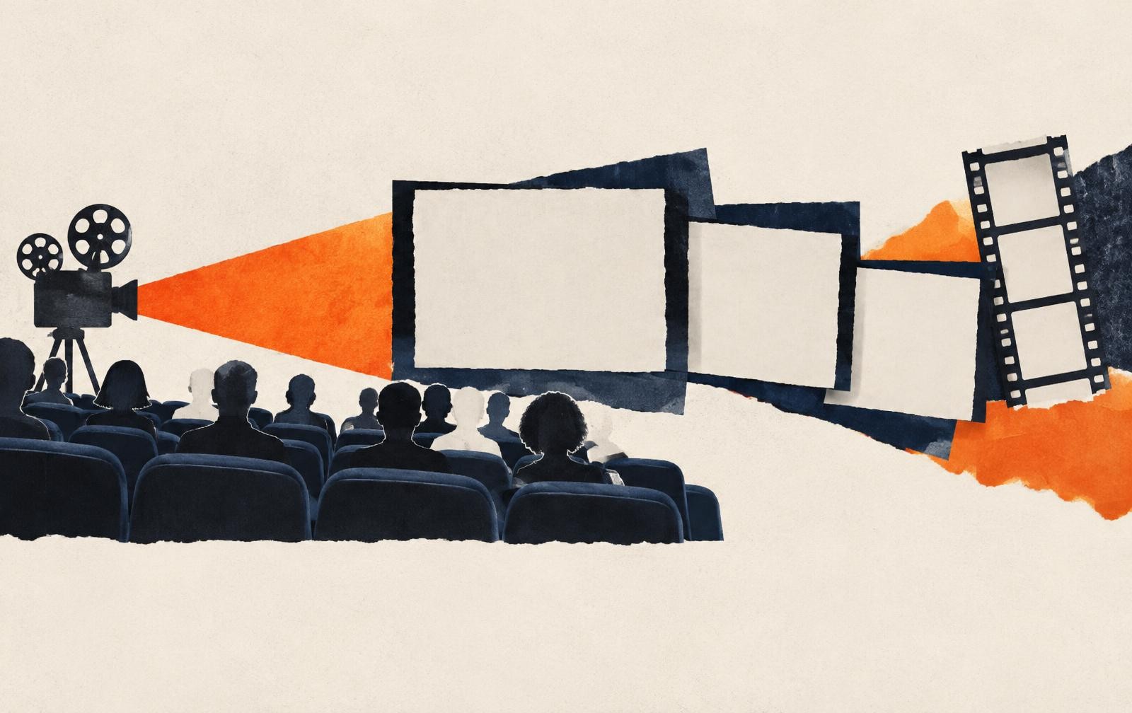 Conceptual collage of cinema seats and paper audience silhouettes facing blank trailer frames with orange projection light; not a photograph of Trailer Fest.