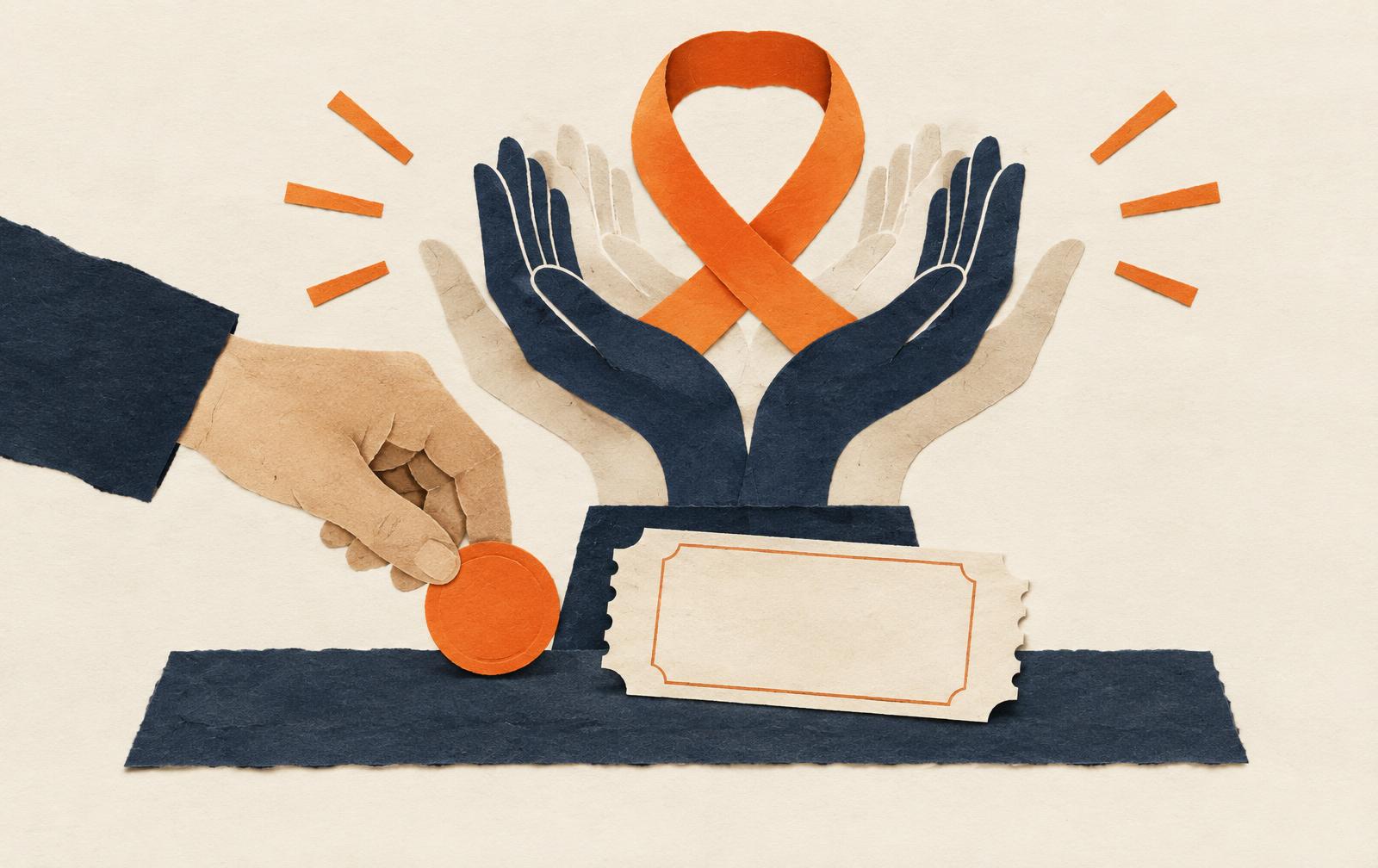Conceptual paper collage of a hand adding an orange coin beside a blank ticket, with open hands holding a ribbon loop behind; not Showcase or Ellie Fund branding.