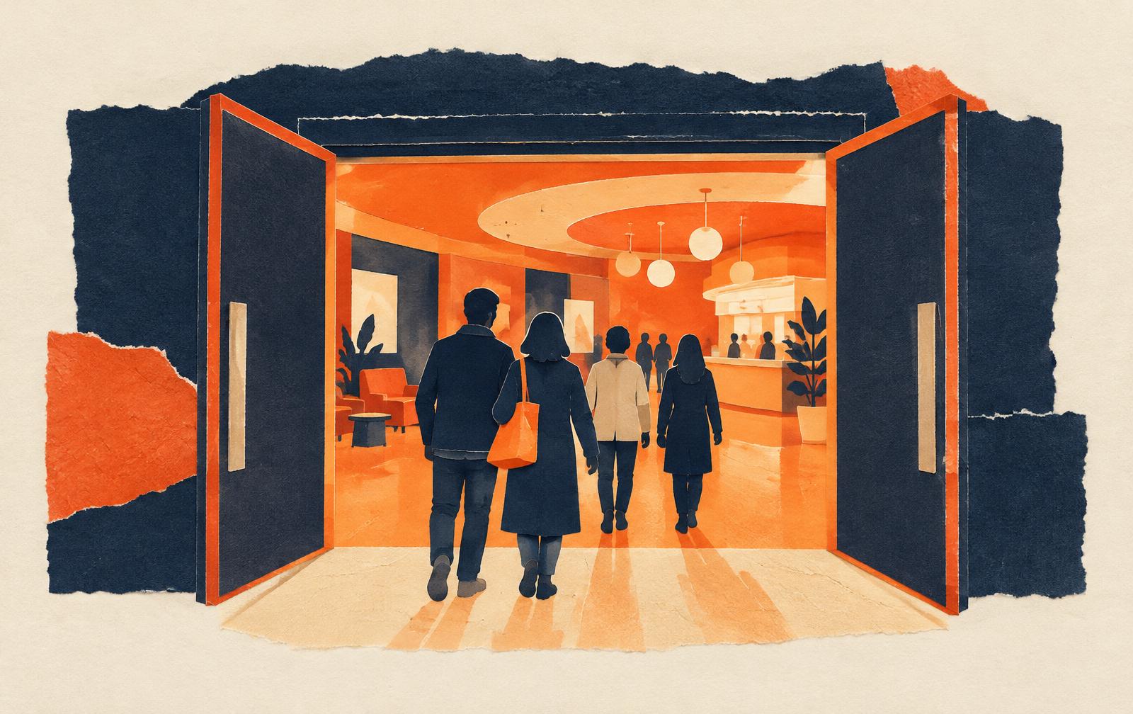 Conceptual paper collage of an open cinema doorway leading into a welcoming shared space; no cultural motifs and not ACMI material.
