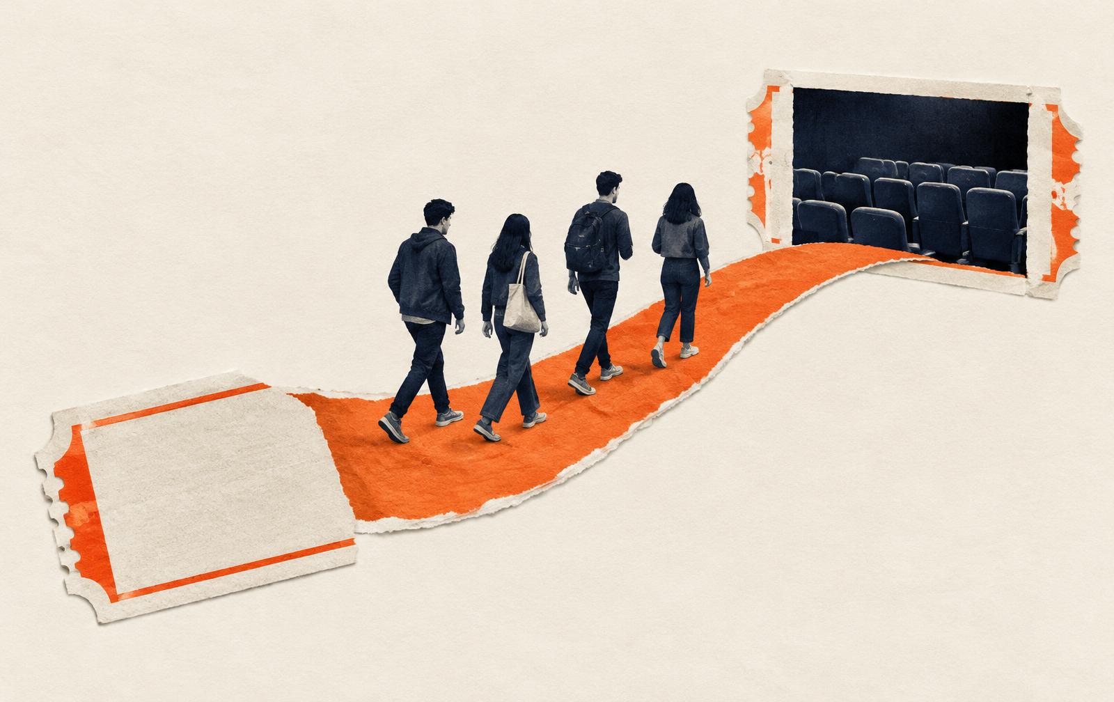 Conceptual paper collage: young adults walk along a curved orange paper path between two blank ticket fragments towards rows of cinema seats; not a photograph of GFT.