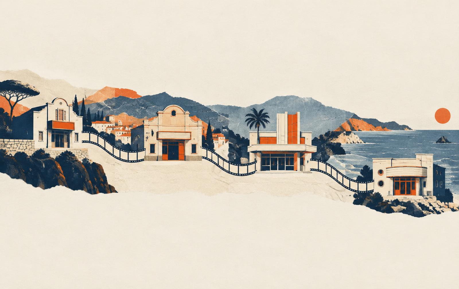 Conceptual paper collage of several small cinema facades along a coastline connected by a winding film strip; not a depiction of actual venues or of the documentary.
