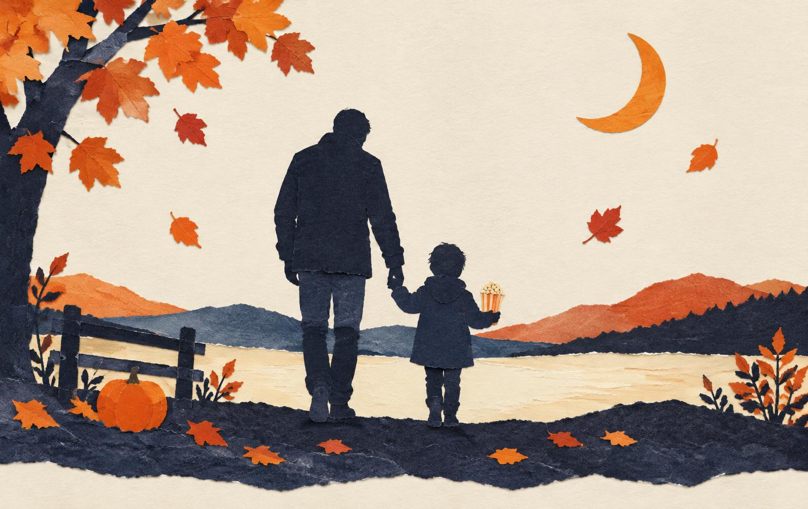 Conceptual paper collage of guardian and child silhouettes with a mini popcorn cup and simple seasonal shapes; not TOHO campaign artwork.