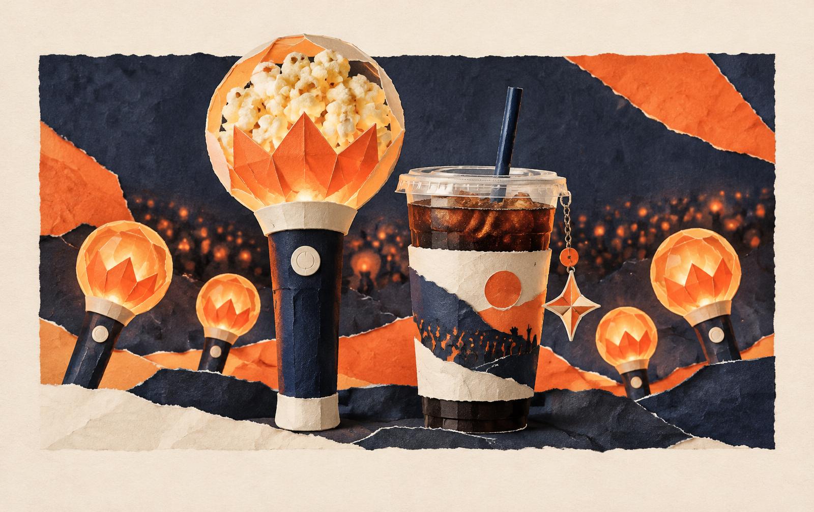 Conceptual paper collage of an unbranded lightstick-shaped popcorn vessel, a drink cup with a decorative sleeve and charm, and glowing lightstick shapes; not TOHO or FRUITS ZIPPER artwork.