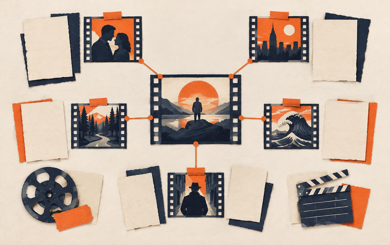 Conceptual paper collage of a central film frame linked by orange lines to smaller film cards and blank shared campaign sheets; not access>CINEMA material.