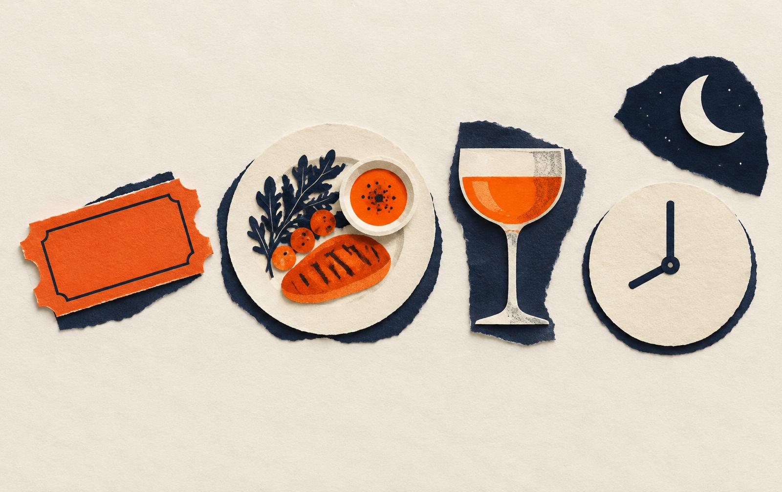 Conceptual paper collage of a blank cinema ticket, a meal plate, an evening glass, a moon and a simple clock in a row; not Watershed material.