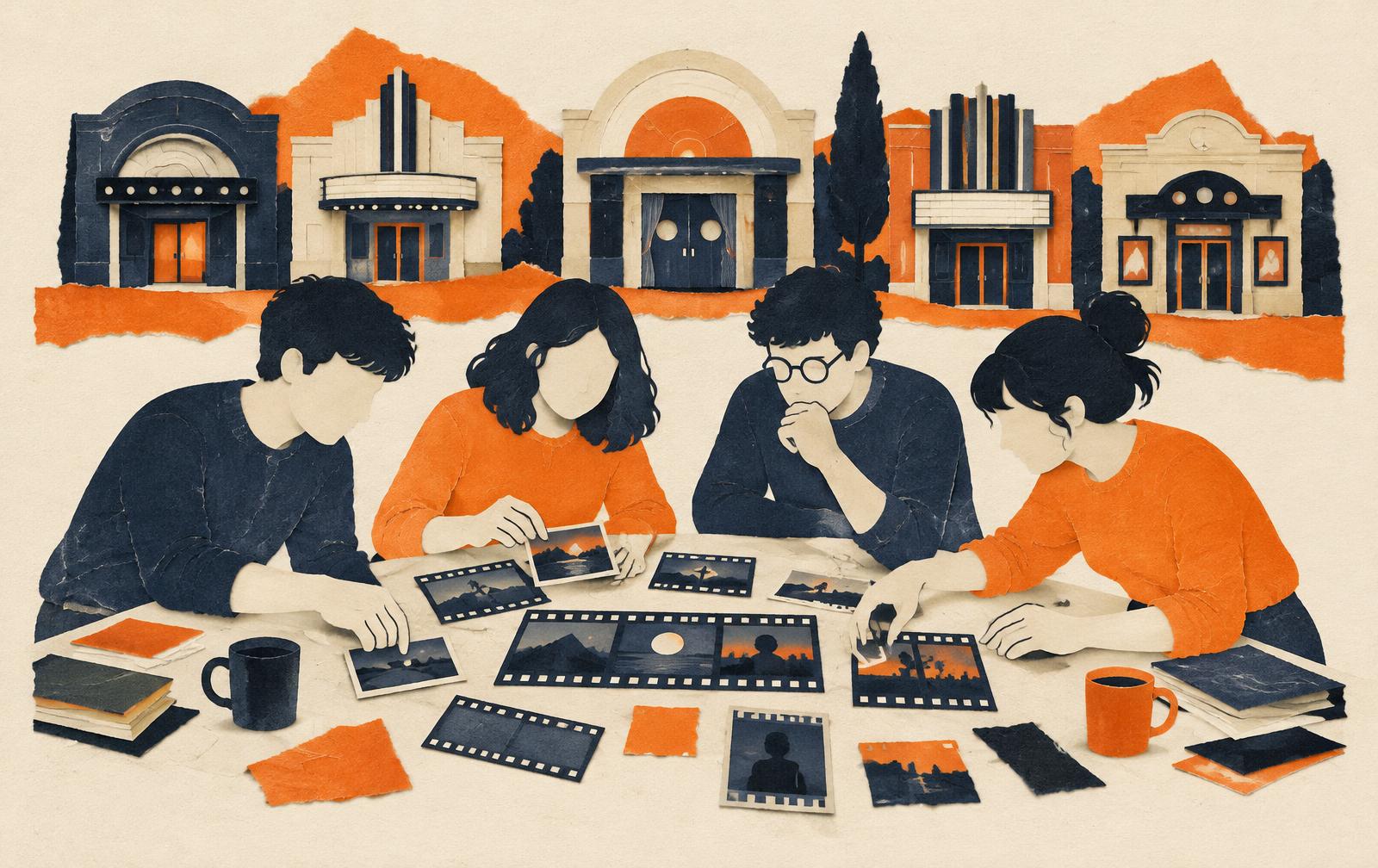 Conceptual paper collage of young adults arranging film-frame cards around a table, with several different small cinema doorways behind them; not a photograph of the Paris cinemas.