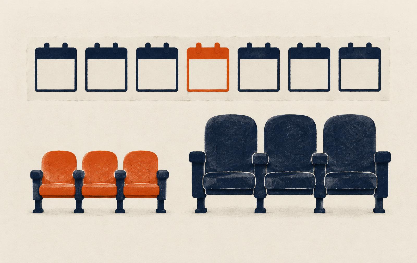 Conceptual paper collage of repeating calendar shapes beside two differently scaled groups of cinema seats; not Alliance Française material.
